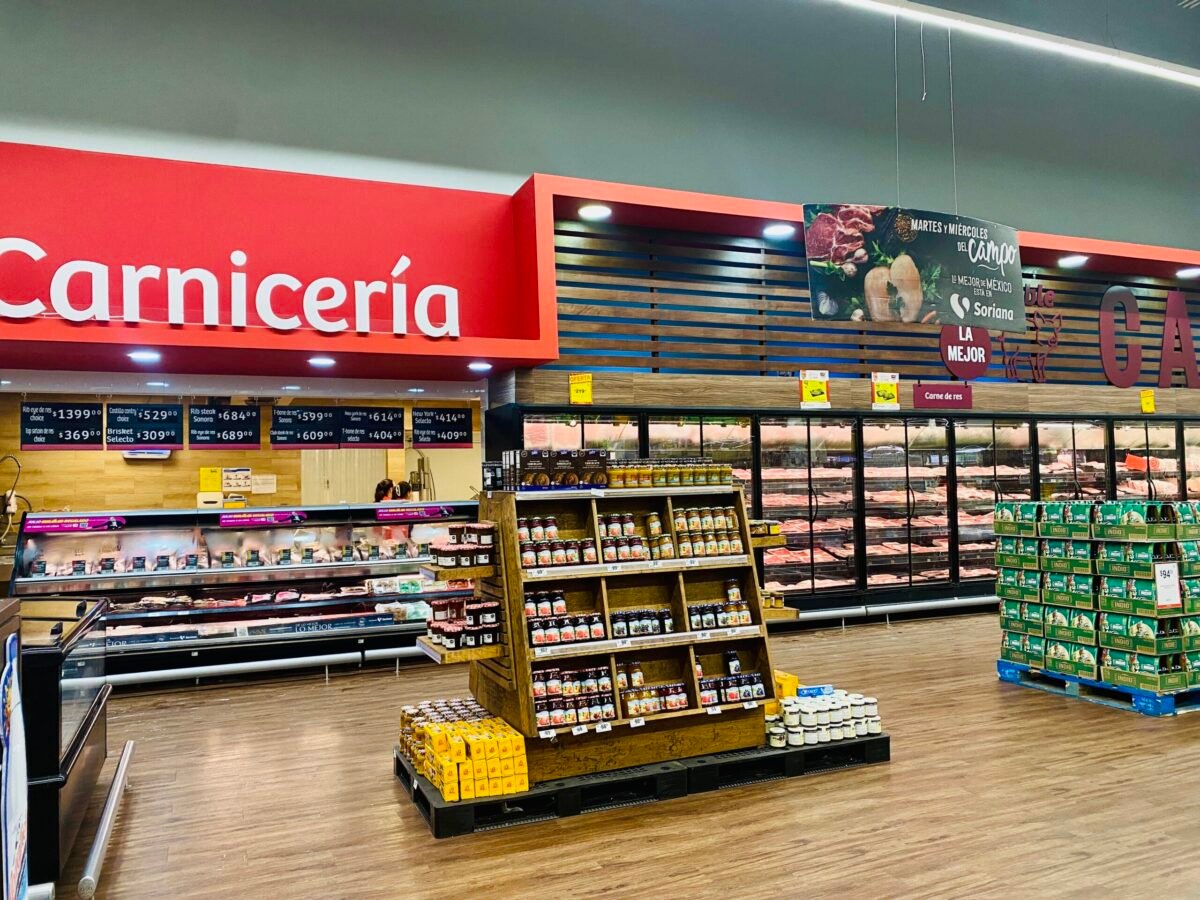 Carnicería butcher section with cuts of beef on display at Soriana supermarket in Mérida, Mexico