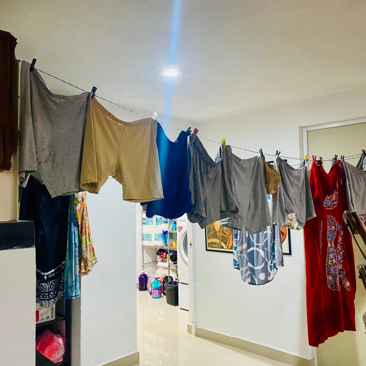 A variety of clothing drying inside a house in Merida Mexico