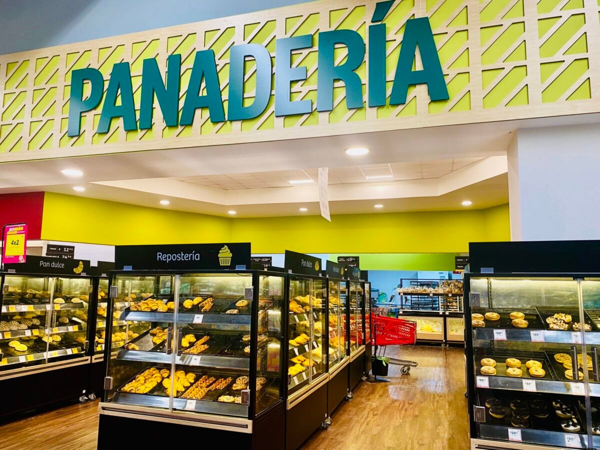 Panadería bakery section with pan dulce and repostería at a supermarket in Mérida, Mexico