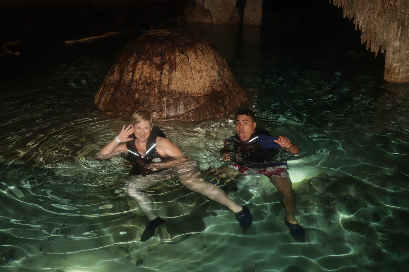 Amy Jones and Angel Rodriguez of Life in Merida at Cenote Chak Tun in Riviera Maya Mexico