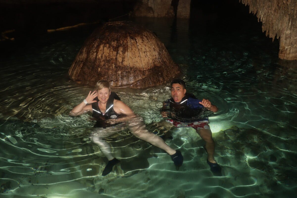 Amy Jones and Angel Rodriguez of Life in Merida at Cenote Chak Tun in Riviera Maya Mexico