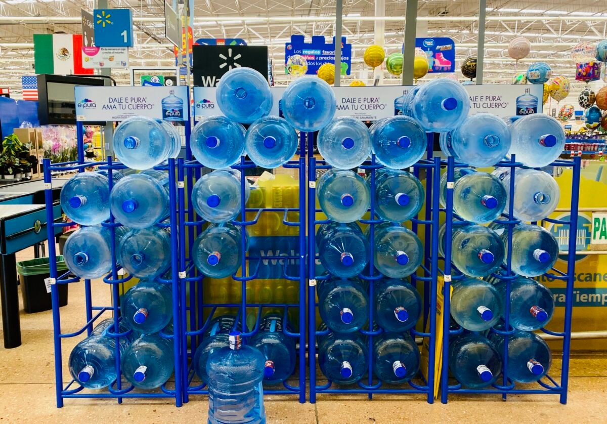 e-pura brand 20-liter water garrafones on display at Walmart in Mérida, Yucatán