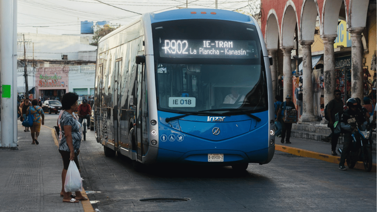iEtram electric bus in the downtown Centro area of Merida Yucatan public transportation