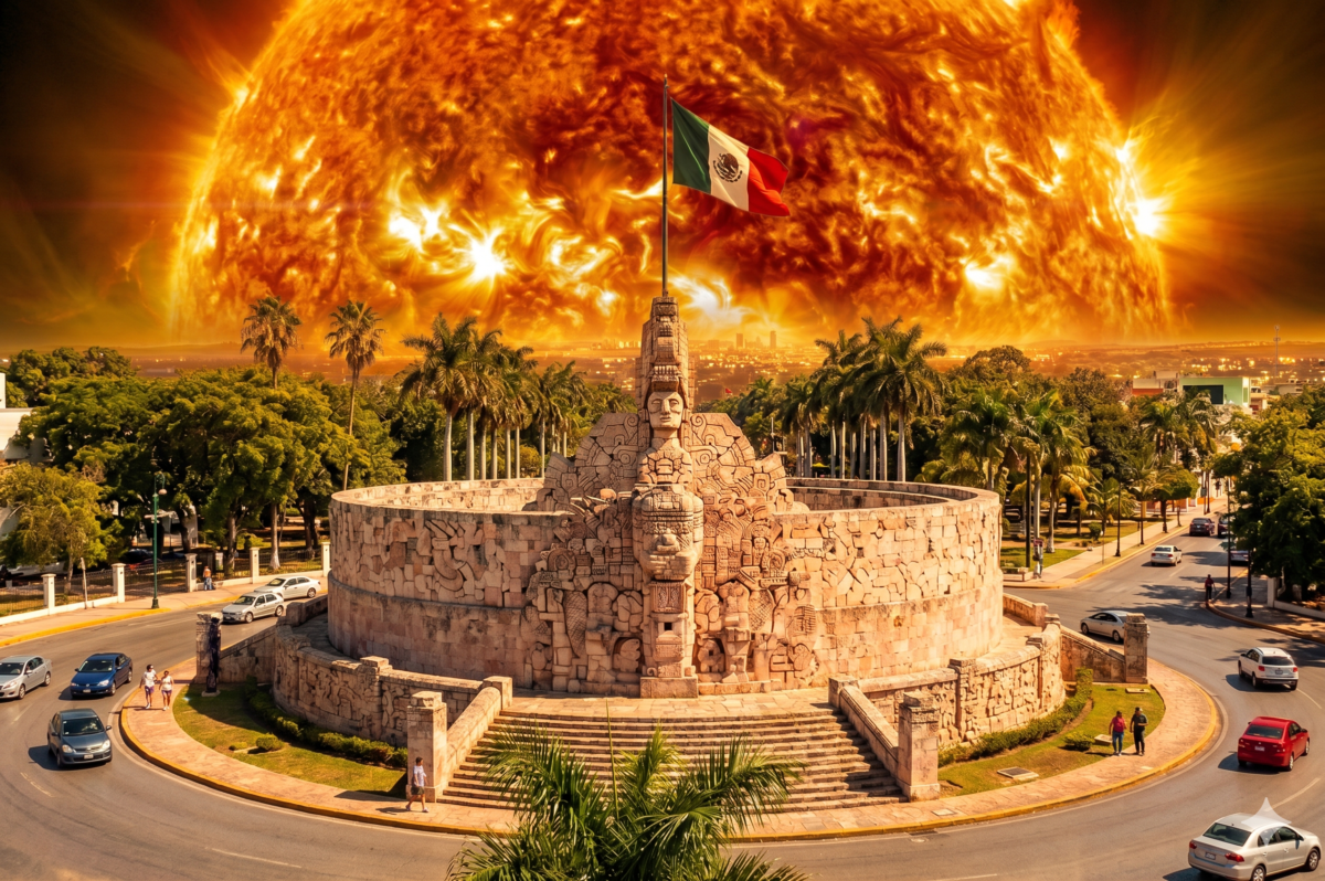 Blazing hot sun behind the Monumento a la Patria in Merida Yucatan