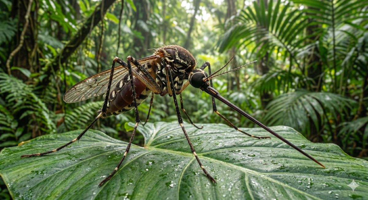 Large mosquito perched on a large leaf in the jungle in Merida Mexico