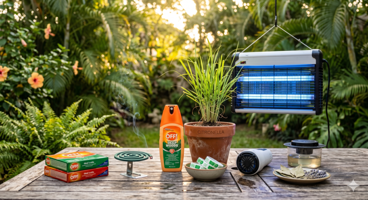 Mosquito repellent products sitting on a table in a tropical environment