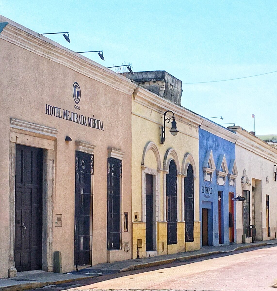 Row of colonial houses including Hotel Mejorada in the Mejorada neighborhood in Merida Mexico