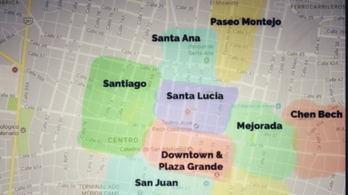 Colorful map of the main neighborhoods in Merida centro