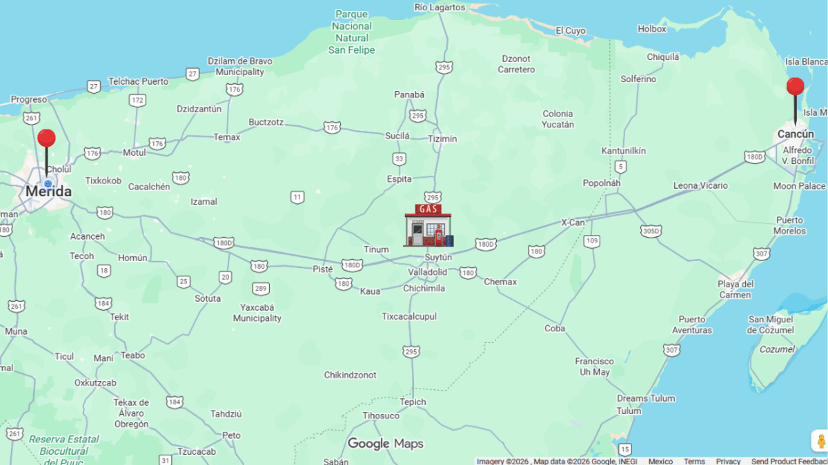 Map of Yucatan Peninsula showing distance between Merida and Cancun and the location of the gast station on the highway