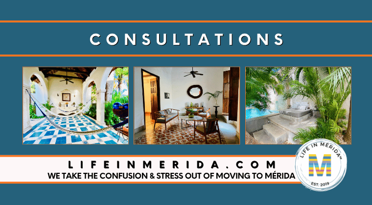 A tranquil interior courtyard of a Merida house, featuring a small pool, tropical plants, and covered patio space for relaxation.