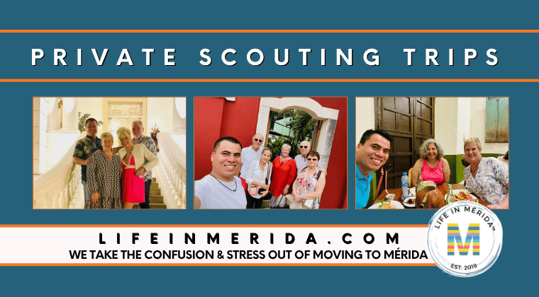 A couple posing for a selfie in front of famous Merida landmarks of El Minaret and Valladolid on a planned scouting trip itinerary.
