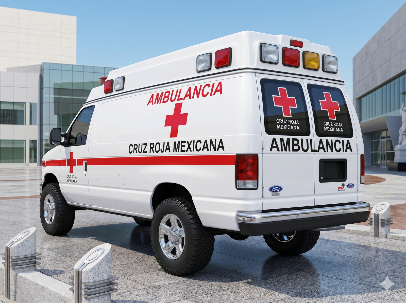 Red cross ambulance sitting in a parking lot