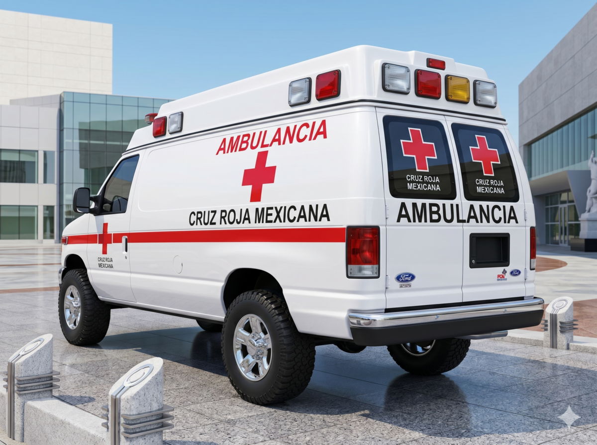 Red cross ambulance sitting in a parking lot